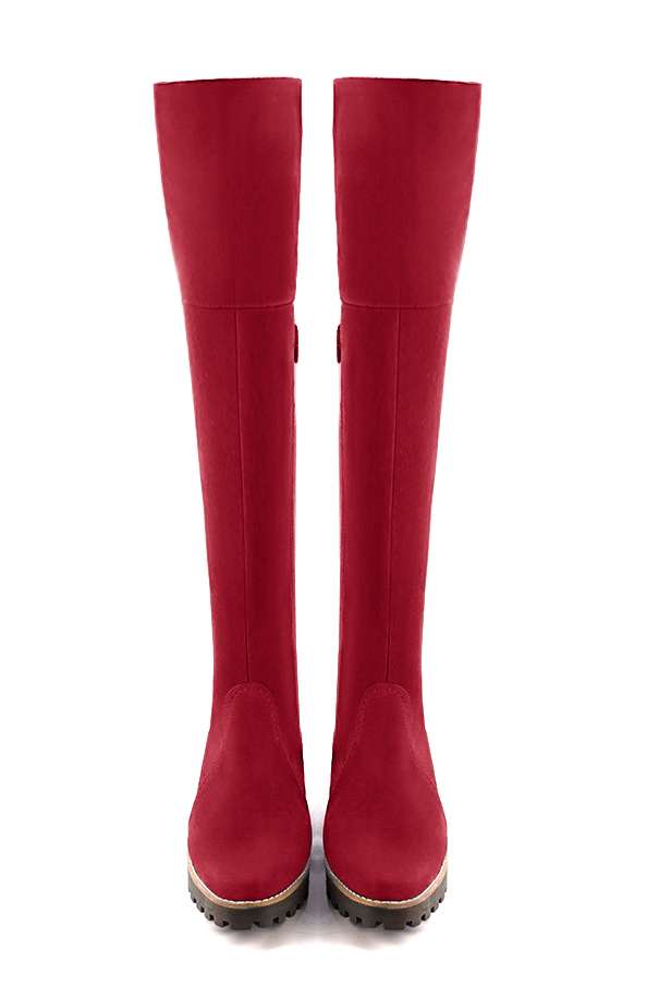Cardinal red women's leather thigh-high boots. Round toe. Low rubber soles. Made to measure. Top view - Florence KOOIJMAN